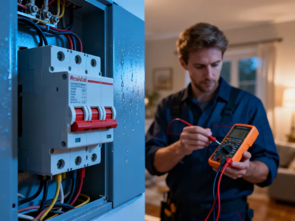 Elektryk sprawdza multimetrem rozdzielnicę elektryczną z wyłączonym wyłącznikiem różnicowoprądowym.