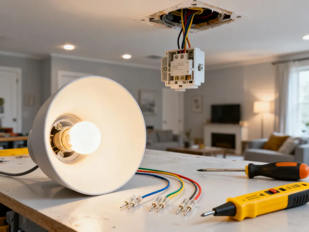 Narzędzia, złączki oraz przewody elektryczne przygotowane do montażu lampy sufitowej na stole warsztatowym.