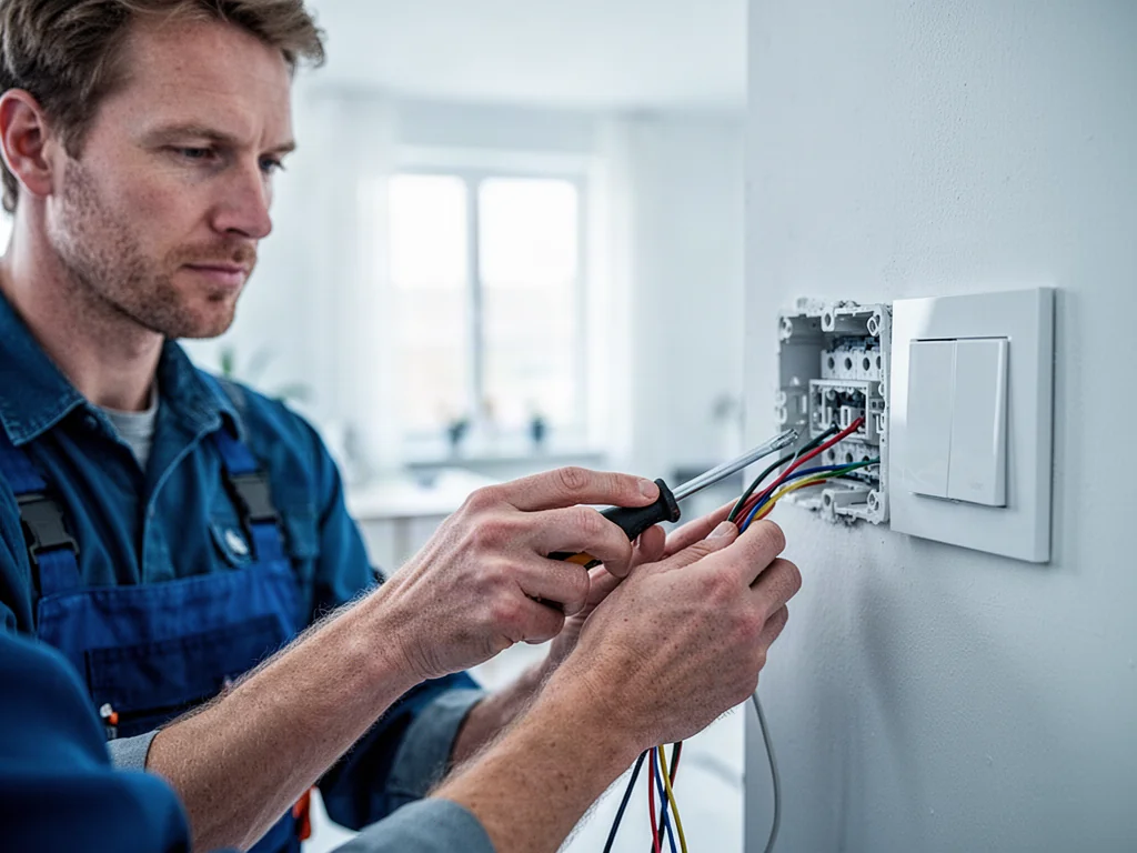 Elektryk montujący nowoczesny włącznik światła w minimalistycznym wnętrzu, skupiony na precyzyjnym podłączeniu przewodów.
