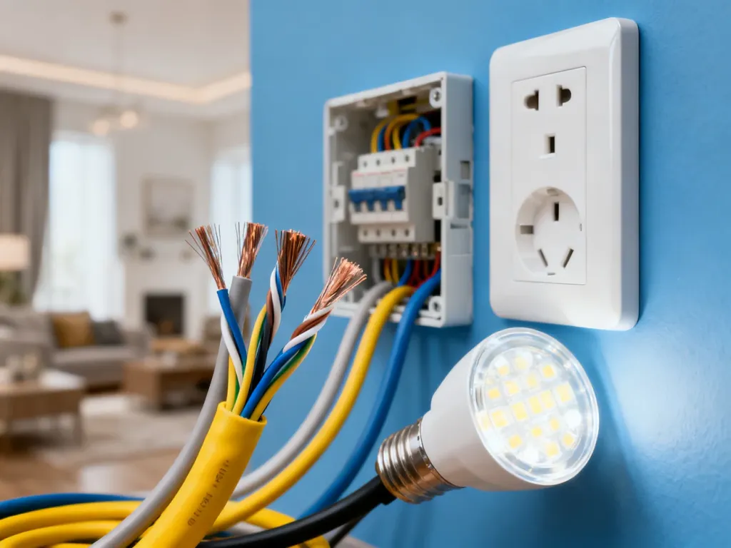 Przewody elektryczne o różnych przekrojach obok gniazdka i oprawy LED, ilustrujące dobór instalacji w domu.