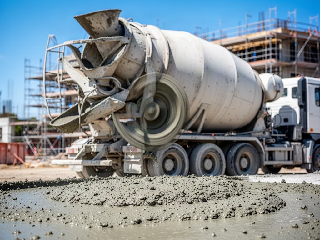 Obracający się bęben betoniarki na placu budowy z widoczną wylewaną masą betonową.