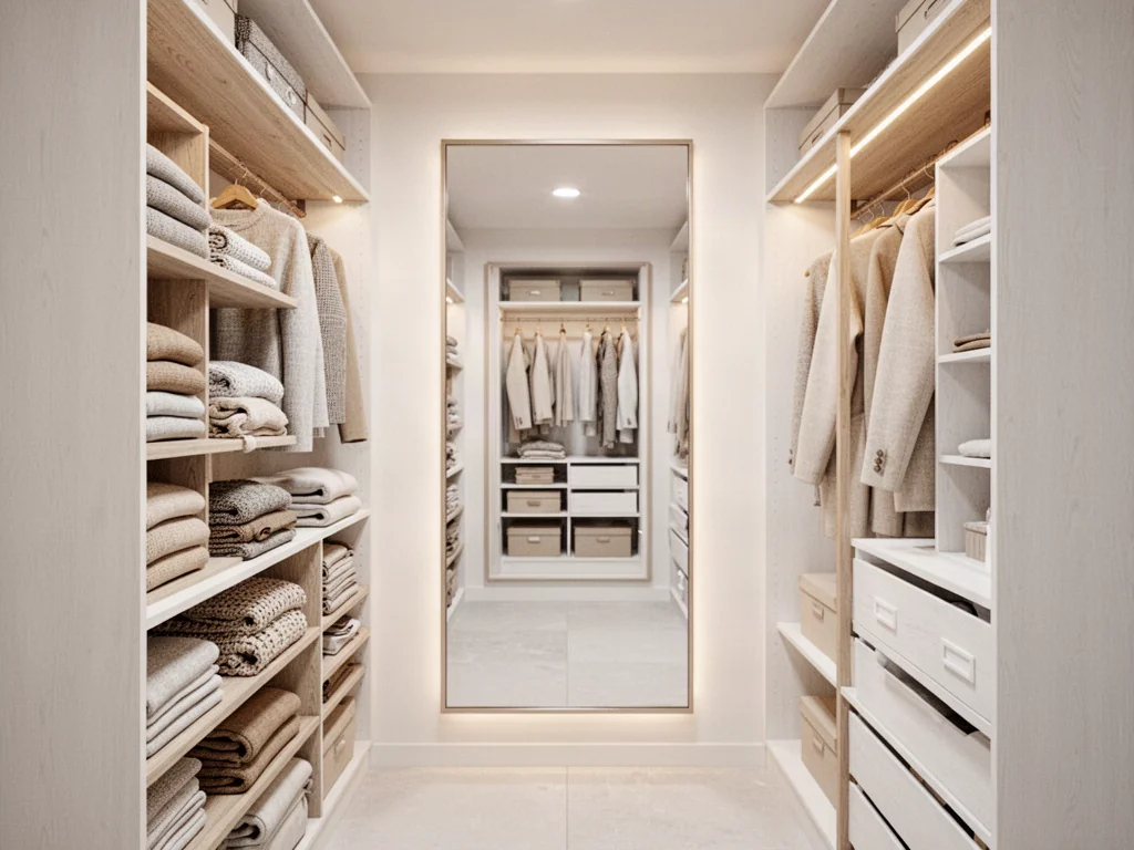 Jasna, minimalistyczna garderoba z półkami i wieszakami, optycznie powiększona dużym lustrem. Funkcjonalna aranżacja wnętrza.