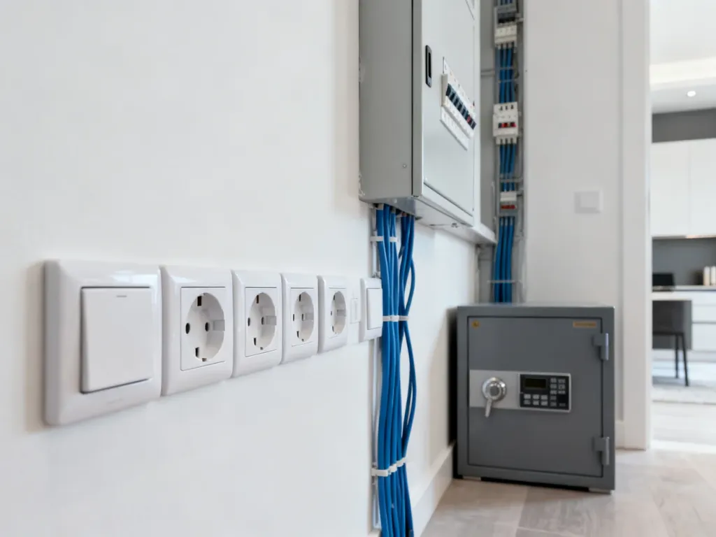Nowoczesne gniazdka elektryczne na ścianie oraz rozdzielnica z bezpiecznikami w tle, ilustrujące bezpieczną instalację domową.