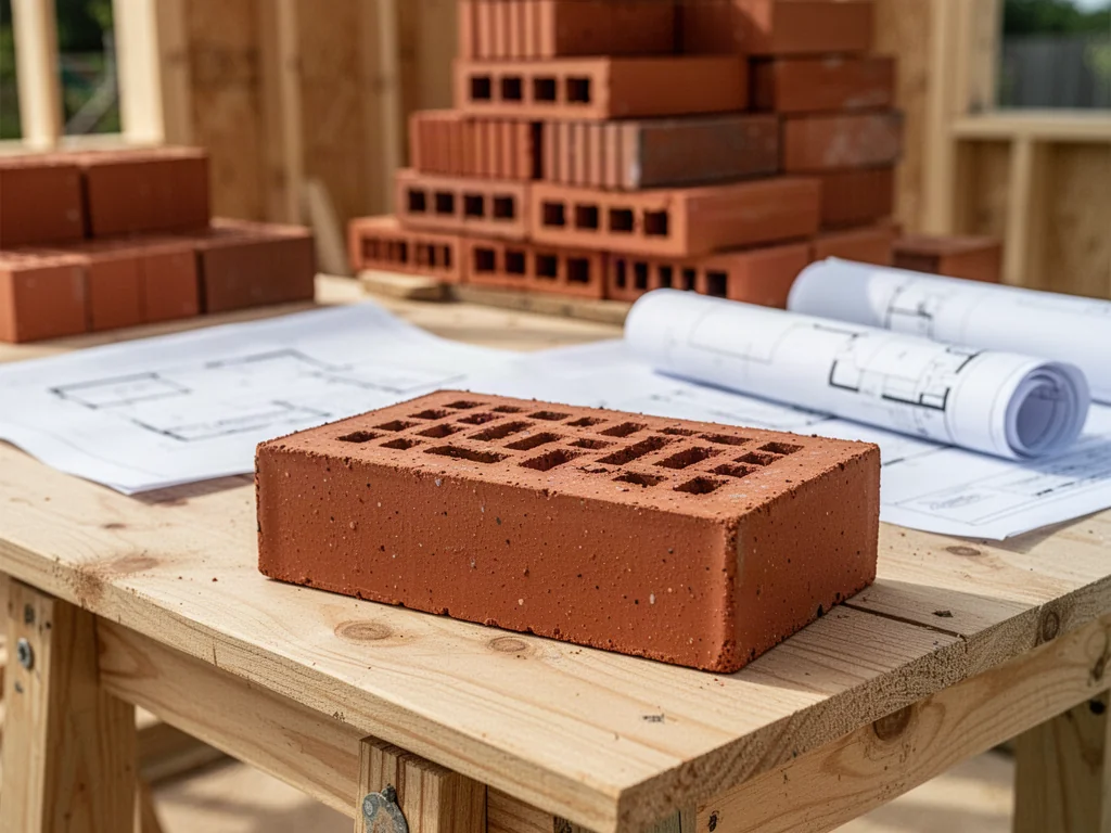 Czerwona cegła klinkierowa na drewnianym stole budowlanym z planami architektonicznymi w tle.