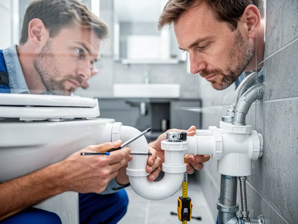 Hydraulik montujący rurę odpływową do białej miski ustępowej w nowoczesnej łazience z użyciem narzędzi pomiarowych.