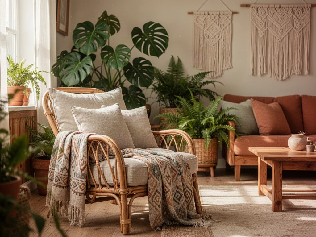 Przytulny salon w stylu boho z rattanowym fotelem, roślinami doniczkowymi i makramami w ciepłej, naturalnej kolorystyce.
